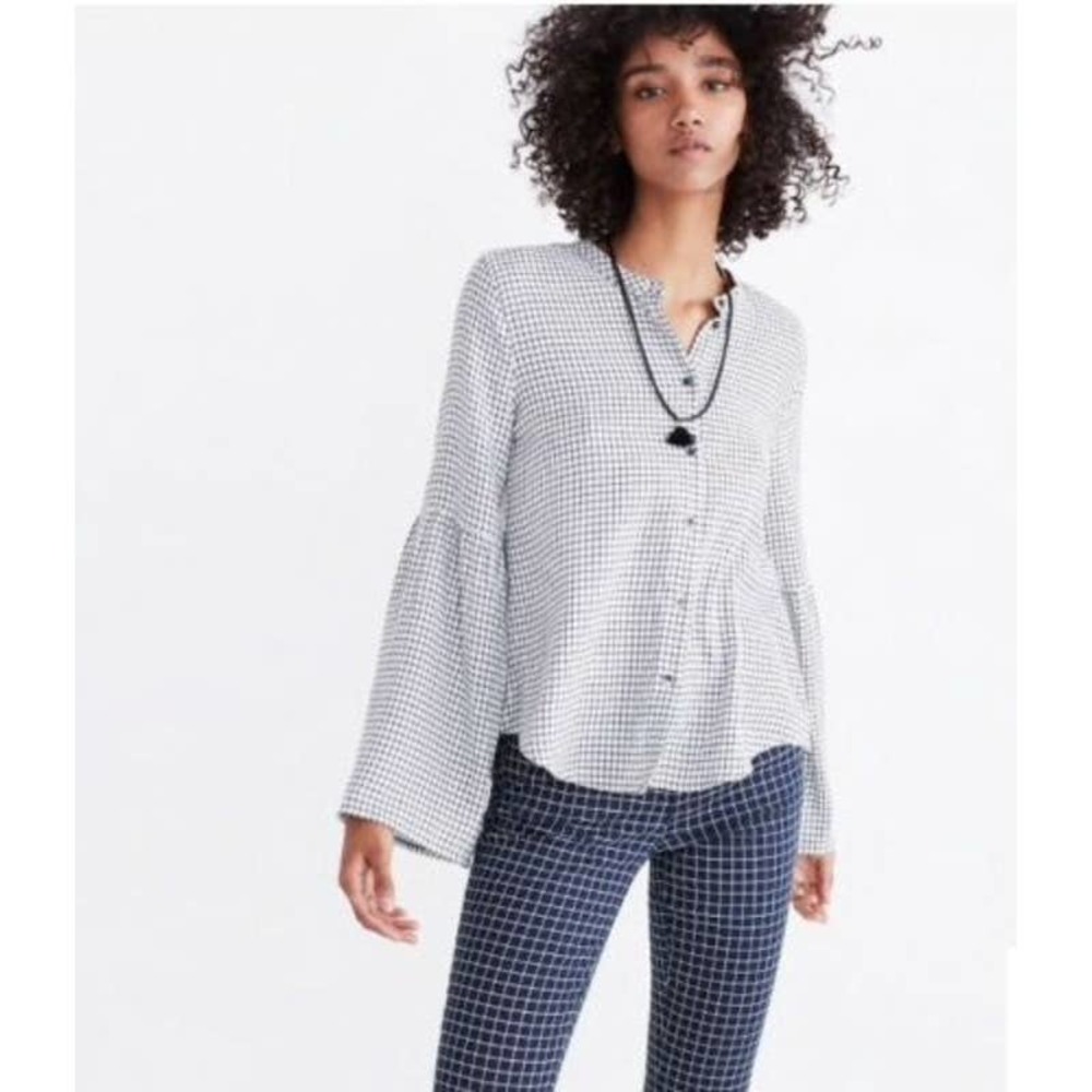 Madewell Womens Sz Large Bell-sleeve Button-down Shirt Windowpane Plaid